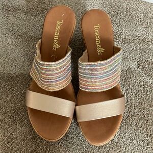 Toscanella women 10 slip on wedge heel sandals multi color band
